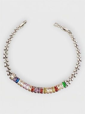Colorful Baguette Tennis Bracelet | Leaf Chain | Platinum Plated